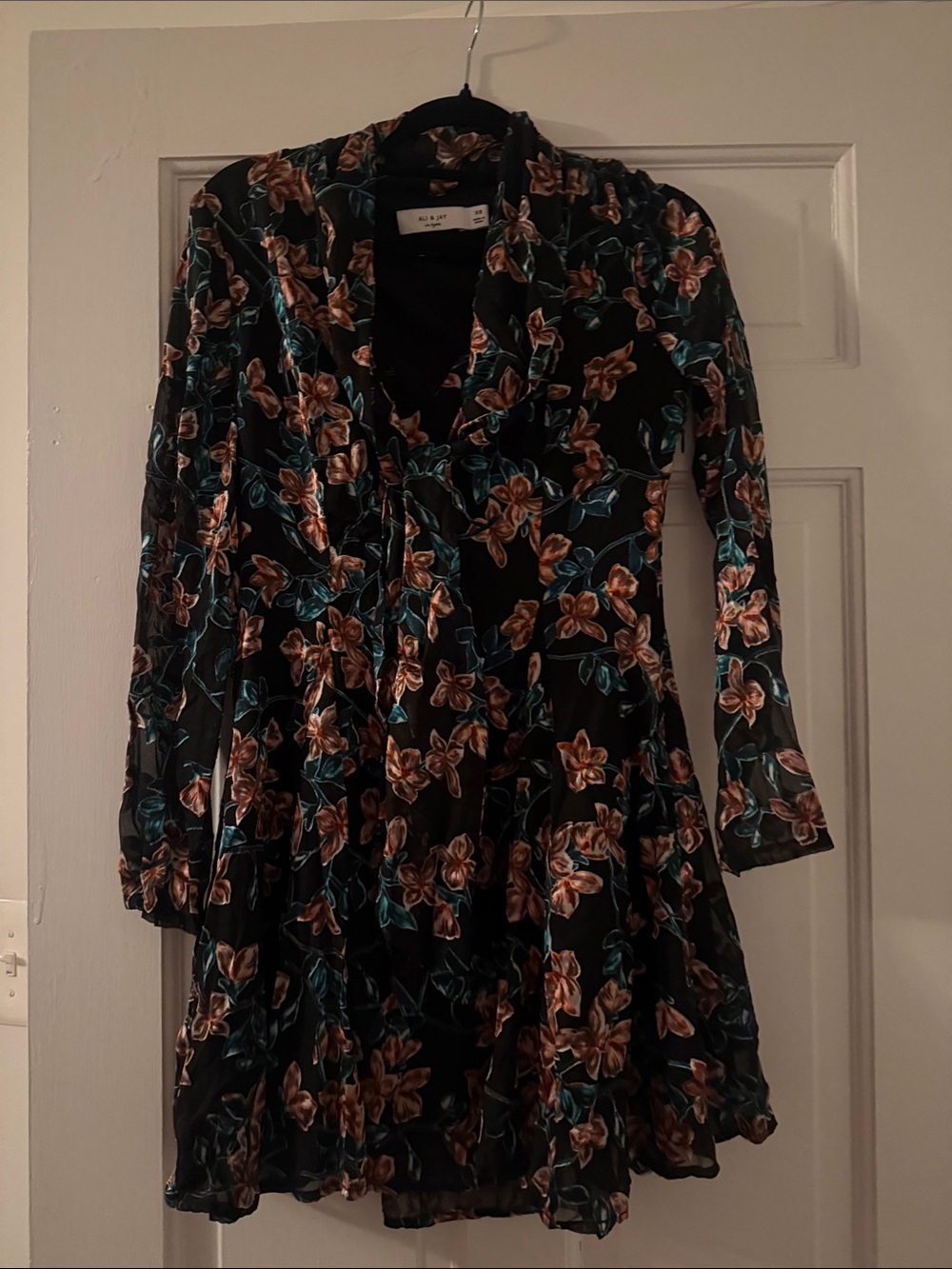 Ali & Jay Floral Long-Sleeve V-Neck Dress - Black with Teal & Brown Floral